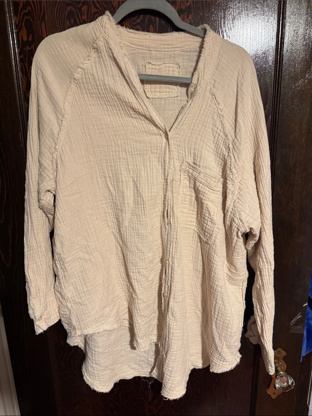 aerie Cream Crinkle Gauze Long-Sleeve Button-Down Shirt
